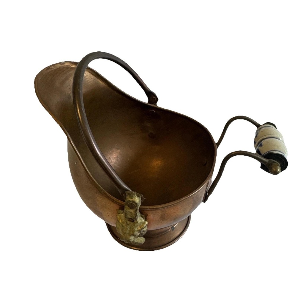 Copper Brass Coal Scuttle/Ash Bucket w/Porcelain Cherub Face 8"x7.50" Vintage
